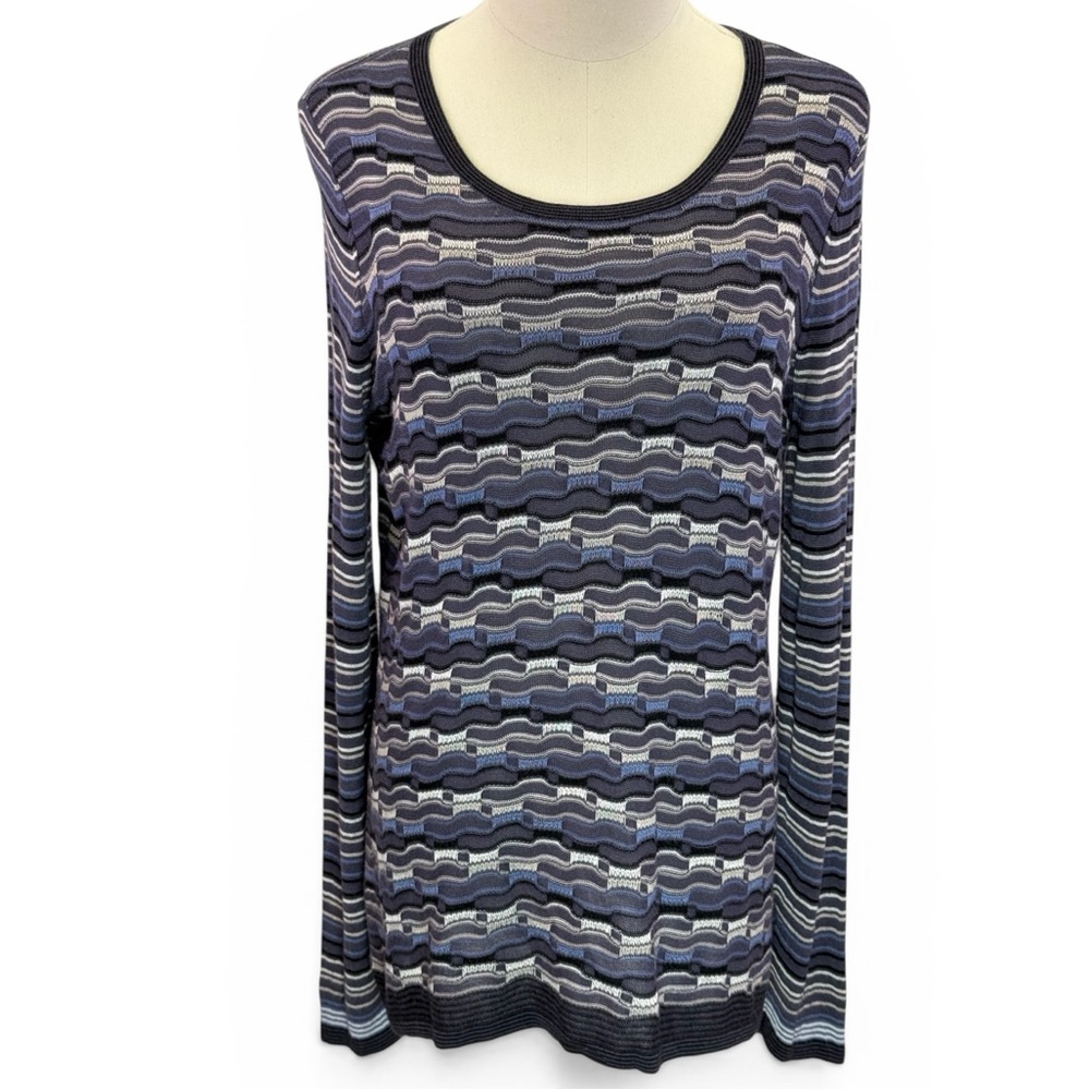 ZOZO Women Blue Gray Textured Wave‎ Pattern Knit Long Sleeve Sweater L